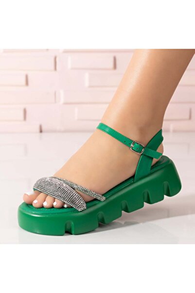 BMoD Sandale verzi pentru femei cu talpă groasă și ornamente cu strasuri MOD0...