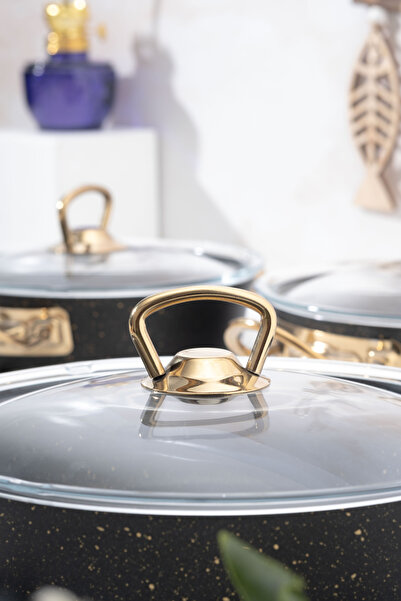 Homekolik 6 Piece Granite Glass Lid Black Metal Handle Saucepan Set 18-20-22 cm – Gold Handle | Durable, Design