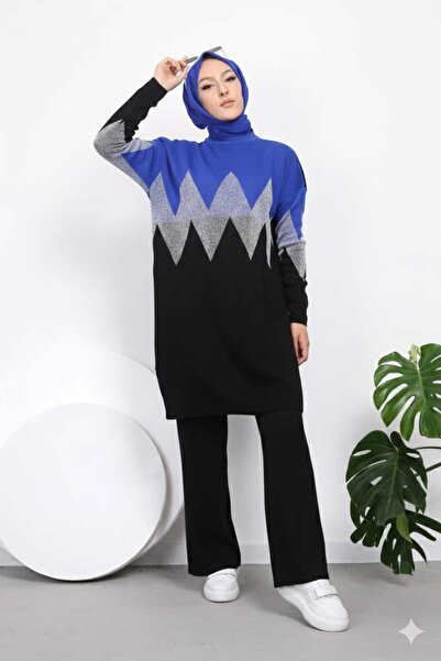 KAYA BUTİK Zikzak Desenli Simli Triko Pantolonlu Tunik Takım