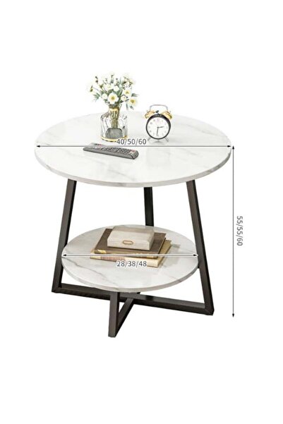 COOYA End Table with 2-Tier Storage Shelf 50*55CM, Marble Finish and Cruciform Base for Living Room