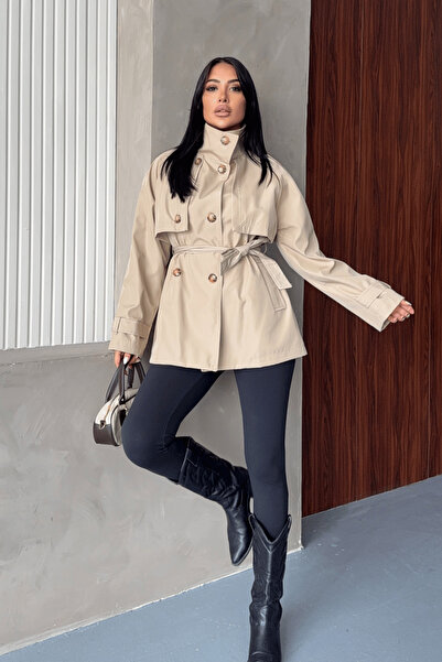 giyimmasalı Bondit Fabric High Neck Trench Coat - Cream