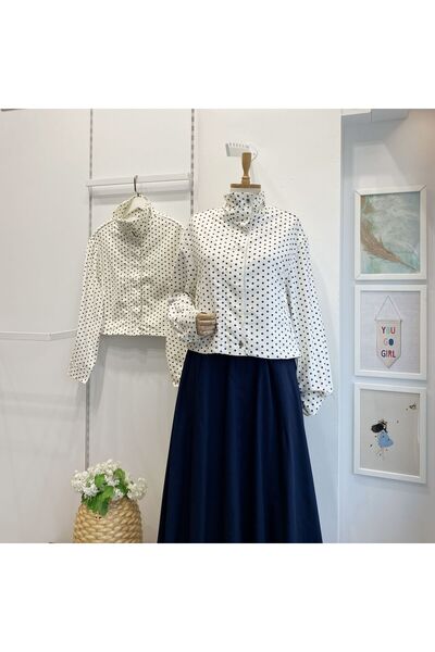 Faya Boutique Lacivert Puantiyeli Beyaz Ceket