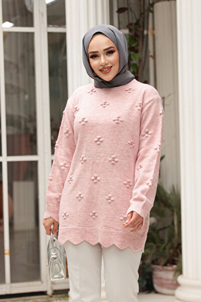 N.S NEVA STYLE Floral Detailed Powder Hijab Knitwear Sweater Tunic 8764Pd