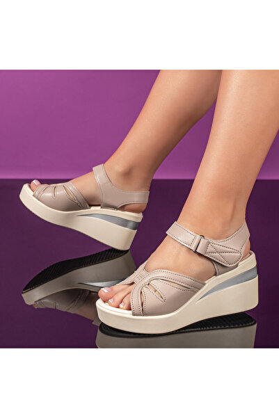 Modlet.ro Sandale bej cu platformă și velcro pentru femei MOD11330