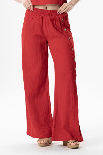 Eliş Şile Bezi İzel Y Slit Summer Muslin Trousers Red