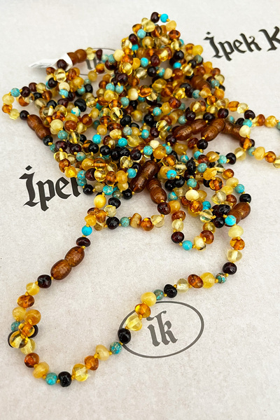 İpek Kehribar Turquoise Detailed Lithuanian Certified Genuine Baltic Amber Necklace – Baby & Children's Necklace Silk-342