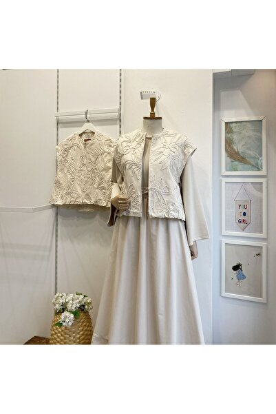 Faya Boutique Krem Nakışlı Gabardin Yelek