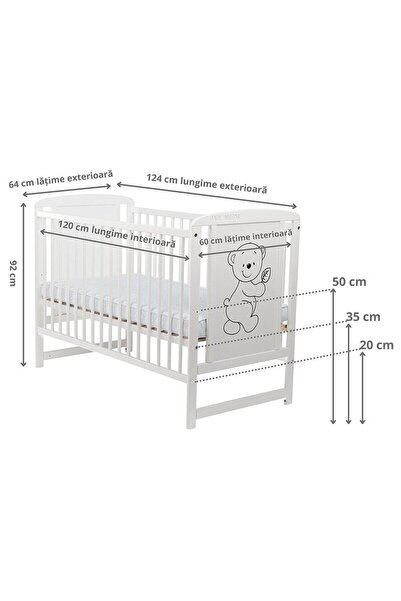 Babyneeds Patut din lemn bebe, 120x60 cm, Din lemn de pin si mdf, Stabil si rezistent, Saltea reglabila