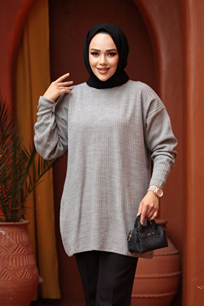 N.S NEVA STYLE Corded Fabric Gray Tesettür Knitwear Sweater Tunic 29141Gr