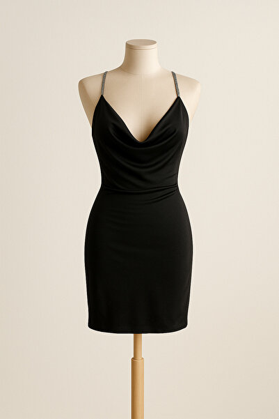 SİTRİNA Black Glittery Degaje Collar Mini Dress