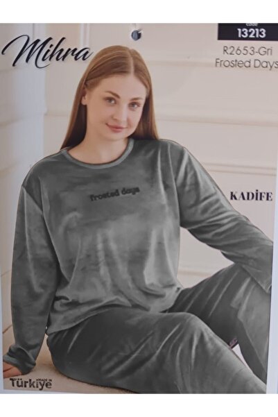 Mihra 480-09-25 Kadife Kumaş Bisiklet Yaka Uzun Kollu Büyük Beden Kadın Pijam...