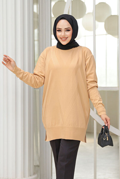 N.S NEVA STYLE Patterned Biscuit Hijab Knitwear Sweater Tunic 17211Bs
