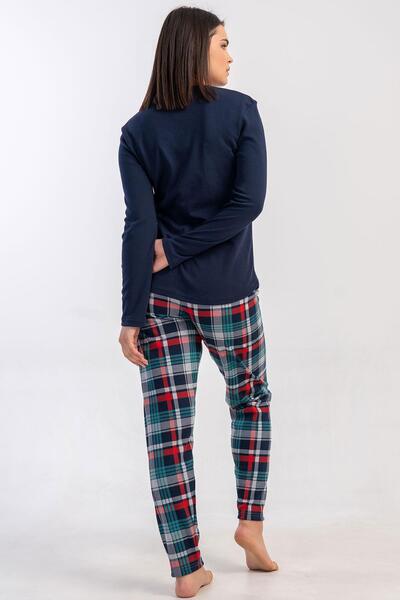 VİENETTA Kadın Lacivert Renk Uzun Kollu Bisiklet Yaka Ekose Alt İnterlok Pijama Takımı C4T2N2305