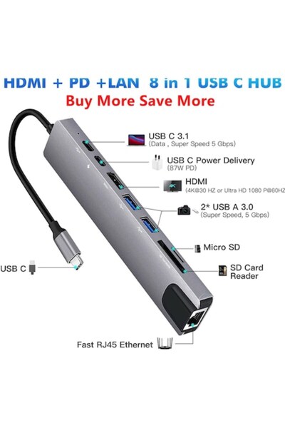 OEM Just Link 8-in-1 USB-C Multiport Hub - HDMI 4K@30Hz, PD 100W, RJ45 100Mbps, 2x USB-A 3.0, USB-C 3.1,