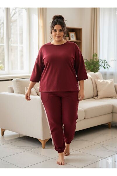 FAMESTEKSTİL Women's Plus Size Burgundy Tracksuit Set