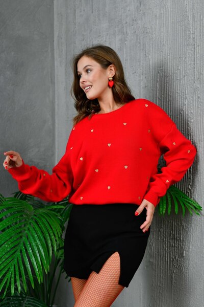 Noi Belis Soft Textured Oversized Heart Detailed Knitwear Sweater Aw25Kz0067