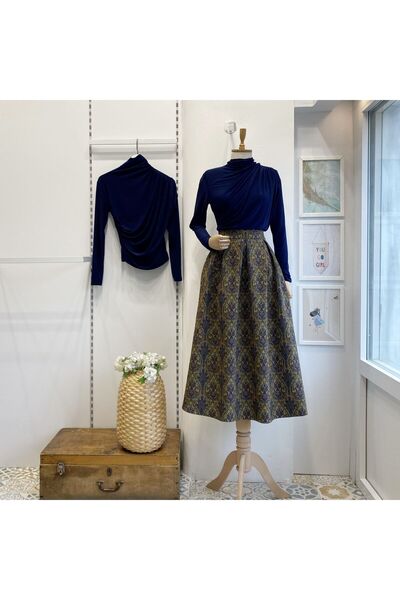 Faya Boutique Yeşil Etnik Desenli Pileli Etek