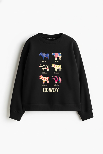 Bak Moda Γυναικείο μαύρο φούτερ με στάμπα Howdy Cows χωρίς κουκούλα, χαλαρή ε...