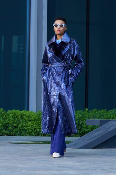 MissWhence Collar Shiny Navy Blue Women's Top Coat23234519