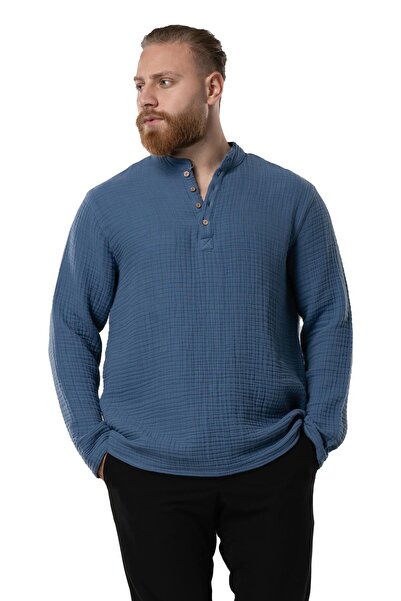 Eliş Şile Bezi Φούτερ με μακρύ μανίκι για άντρες με διπλό γιακά μουσελίνας για το φθινόπωρο και το χειμώνα Indigo indg