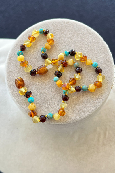 İpek Kehribar Turquoise Detailed Lithuanian Certified Genuine Baltic Amber Necklace – Baby & Children's Necklace Silk-342