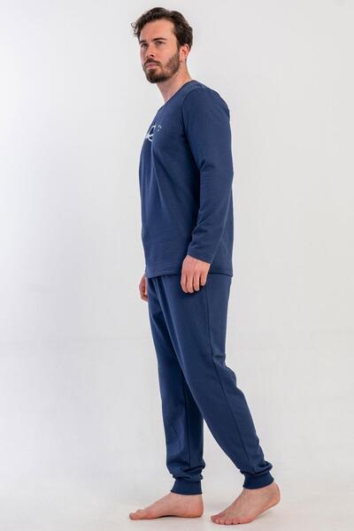 VİENETTA Men's Navy Blue Long Sleeve Crew Neck Elasticated Leg 2 Thread Pajama Set C1T2N3305