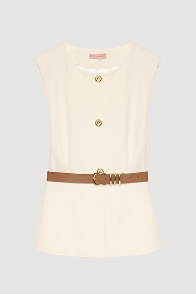 Quzu Buttoned Sleeveless Vest with Belt Accessories Ecru