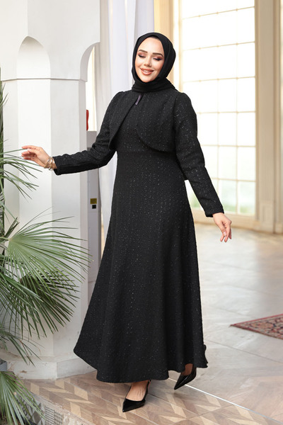 N.S NEVA STYLE Checkered Black Tweed Hijab Dress 62512S