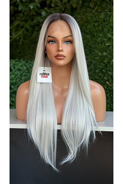 Fenomen Peruk 360 Derecede Her Yöne Ayrılabilir Tül Peruk – Uzun Buz Platin Gri Düz Peruk