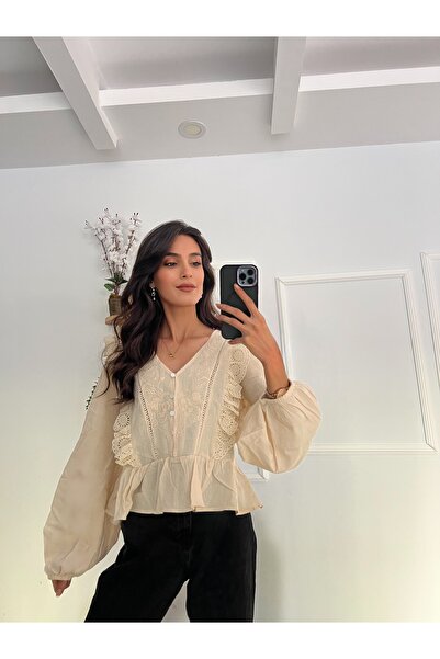 şev butik Buttoned Front Cream Shirt -5137