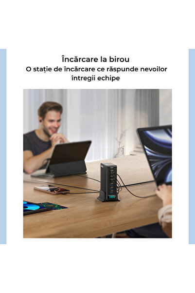 Voltres Statie de incarcare Multiport GaN 380W, 8 porturi (5x USB-C + 3x USB-A), 100W Max USB-C