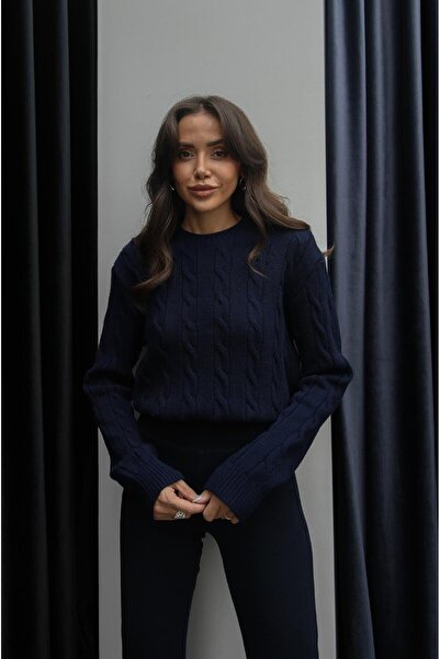 Havoş Lacivert Saç Örgülü Triko Kazak