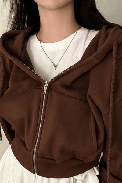 harmony factory Brown Crop Top Thick Fabric Zippered Hooded Sweatshirt