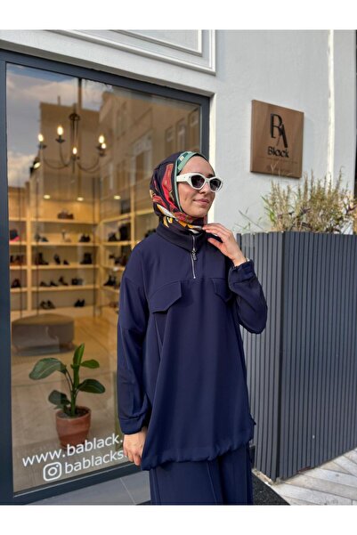 MissWhence 38008 Zipper Detail Women's Suit Navy Blue