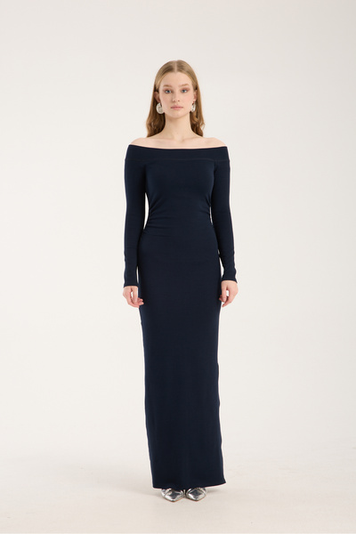 Kallisto Navy Blue Off the Shoulder Low Back Draped Side Slit Long Dress
