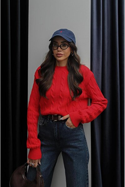 Havoş Kırmızı Saç Örgülü Triko Kazak