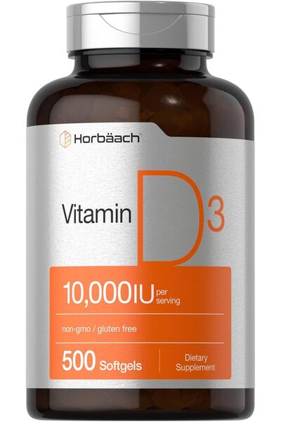 Horbäach فيتامين د3 ١٠٠٠٠ وحدة دولية | ٥٠٠ كبسولة هلامية | غير معدل وراثيًا، ...