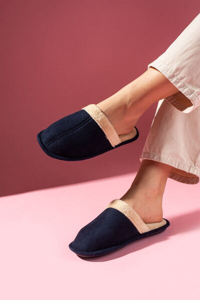 FUGA MODA Papuci de casă Nuvia bleumarin cu blană în interior și în față închisă