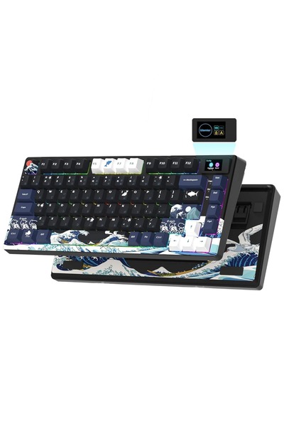 Timebox Tastatură mecanică de gaming, ecran LCD 75%, neagră, wireless, hot swap, 82 de taste