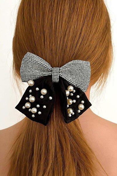 TAKIŞTIR Silver and Black Color Automatic Buckle with Pearl and Stone Detail