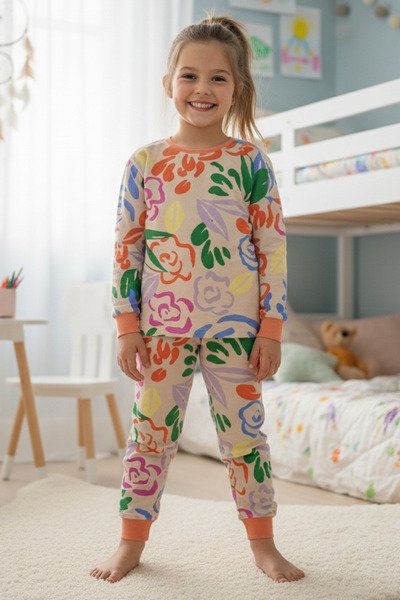 MK Mukko Kids Children's Pajama Set - Girl's Beige Color Floral Patterned Transitional Pajama Set