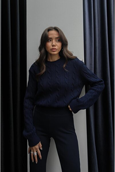 Havoş Lacivert Saç Örgülü Triko Kazak