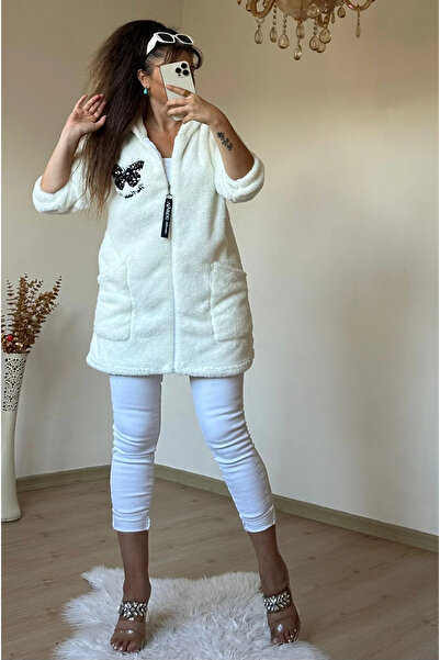 AZRA BUTİK Pullu Kelebek Pelus Mont Krem
