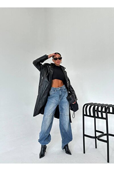 HerTon Siyah Deri Görünümlü Uzun Trençkot