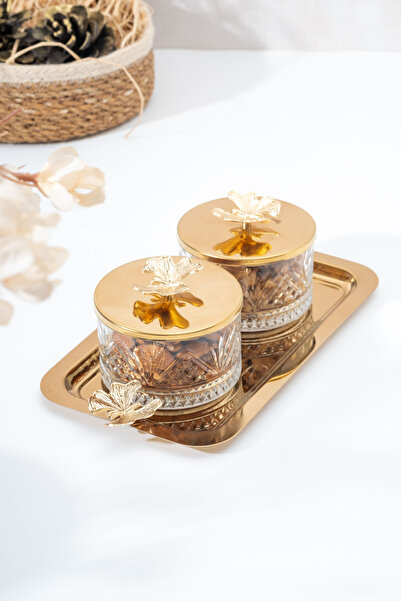Homekolik 2-Piece Gold Butterfly Lid Glass Presentation Set – Breakfast & Snack Set with Metal Tray