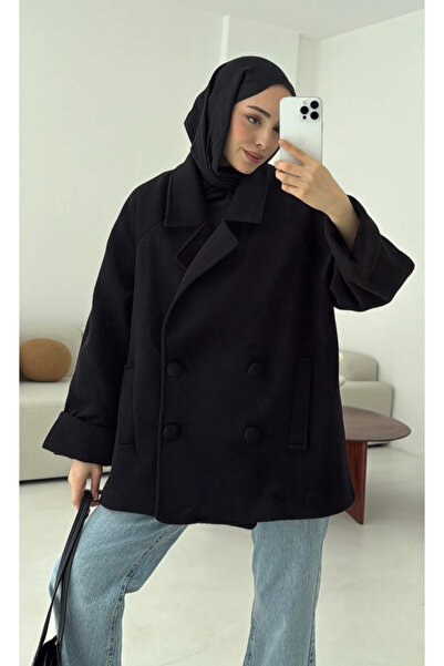 My Blog Schwarzer, zweireihiger, kurzer Mantel mit Stehkragen – 7325