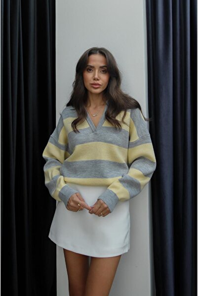 Havoş Γκρι κίτρινο ριγέ πουλόβερ με λαιμόκοψη σε σχήμα V