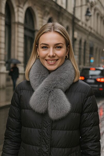 MARBERRY Сірий м'який плюшевий шарф для жінок з манго 90x13 см