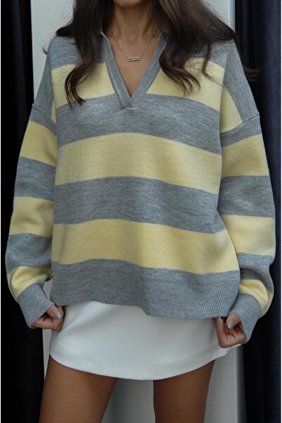 Havoş Γκρι κίτρινο ριγέ πουλόβερ με λαιμόκοψη σε σχήμα V