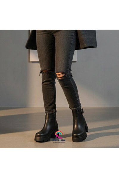 GÖKKUŞAĞI AYAKKABI Yeni Sezon Trend Siyah Chunky Platform Bot